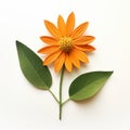 Photorealistic Orange Paper Flower With Green Leaves