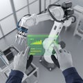 Photorealistic overhead view of industrial gloved hands using a transparent augmented reality tablet to analyze complex machine di Royalty Free Stock Photo