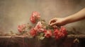 Oil Painting Of Hand With Pink Flowers In Thomas Wrede And Flora Borsi Style