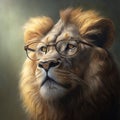 A photorealistic painting of a lion wearing glasses. AI