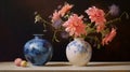 Photorealistic Paintings Of Flowers In Blue And White Vases