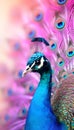 Photorealistic peacock on blurred pink background