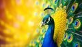 Photorealistic peacock on blurred yellow background