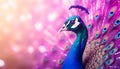 Photorealistic peacock with pink tail on blurred pink background