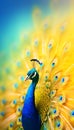 Photorealistic peacock with yellow tail on blurred blue background