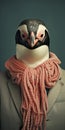 Photorealistic Penguin Portrait With Pink Scarf: Corporate Punk Fine Art Photography