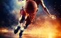 Photorealistic person chasing basketball ball on wet surface. Low angle shot, reflection. Fast motion, AI Generative