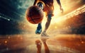 Photorealistic person dribbling basketball ball, backlight. Low angle shot, reflection, rainy weather. AI Generative