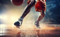 Photorealistic person dribbling basketball ball on wet surface. Low angle shot, reflection, Fast motion, AI Generative