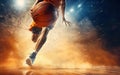 Photorealistic person dribbling basketball ball on wet surface. Low angle shot, reflection, motion rays. AI Generative