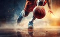 Photorealistic person running after orange basketball ball burning on blurred background. Low angle shot. AI Generative