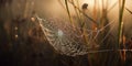 photograph of a spider web at dawn in dew drops.Generative AI