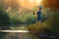 a little boy with a fishing rod on a summer lake . Royalty Free Stock Photo