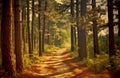 Photorealistic picture, a road in a summer forest, a pine forest generated by AI, generative assistant.