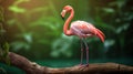 Photorealistic Pink Flamingo Standing On Wood Branch In Jungle