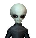 Photorealistic portrait of an alien in a black jumpsuit isolated on a white background. 3 d illustration. 3 d. Royalty Free Stock Photo