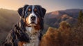 Photorealistic Portrait Of Bernese Mountain Dog On Hillside