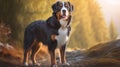 Photorealistic Portrait Of Bernese Mountain Dog In Sunlit Woods Royalty Free Stock Photo