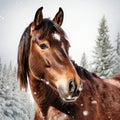 Photorealistic Portrait Of A Brown Horse In Snowy Taiga Royalty Free Stock Photo