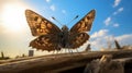 Photorealistic Portrait Of A Butterfly Standing On A Log