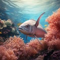 A photorealistic portrait of cute tuna in a natural sea setting, surrounded by coral and seaweed by AI generated