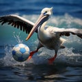 Photorealistic Portrait Of A Pelican Playing Soccer In Lively Seascapes