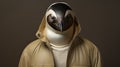 Photorealistic Portrait Of A Penguin In A Stylish Hooded Jacket