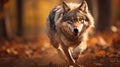 Photorealistic Portraiture: A Wolf Running Through The Autumn Forest Royalty Free Stock Photo