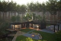 Photorealistic render building exterior in the outdoor 3d illustration