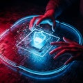 A photorealistic render depicts human hands hovering over a blue and crimson network shield interface, stressing high-security dat Royalty Free Stock Photo