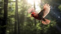 Photorealistic Rendering Of A Cardinal Flying Through A Sunlit Forest