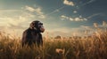 Photorealistic Rendering Of A Chimpanzee Grazing In A Field