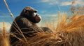 Photorealistic Rendering Of A Chimpanzee In A Vibrant Wheat Field