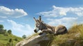 Photorealistic Rendering Of Donkey Resting On Hill With Green Grass