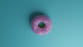 Photorealistic 3D render of a donut with pink icing on a blue background, top view