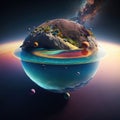 An photorealistic rendering of a multicolored planet floating in the middle of a vast ocean. Zodiac Astrology concept