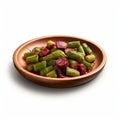 Photorealistic Rendering Of Okra In Red Sauce On Wooden Plate