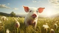 Photorealistic Rendering Of A Pig Grazing In A Field