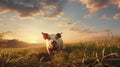 Photorealistic Rendering Of A Pig Grazing In A Field At Sunset