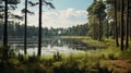 Photorealistic Rendering Of A Pine Forest With Water In Southern Countryside