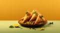 Photorealistic Rendering Of Samosa With Rice On Plate Flatlay