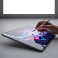 Photorealistic rendering shows a human hand using a stylus on a glowing digital tablet, instantly producing a complex, vibrant abs Royalty Free Stock Photo