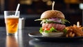 photorealistic sashimi burger sushi burger at restaurant with a beer