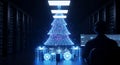 Photorealistic sci-fi scene of a glowing blue and purple holographic Christmas tree crafted from binary code floating in a dark se Royalty Free Stock Photo