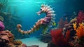 Photorealistic Seahorse Swimming In Coral-filled Aquarium