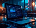 Photorealistic shot of an open laptop displaying real-time blockchain analytics, with data stream reflections on a desk