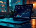 Photorealistic shot of an open laptop displaying real-time blockchain analytics, with data stream reflections on a desk