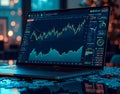 Photorealistic shot of an open laptop displaying real-time blockchain analytics, with data stream reflections on a polished desk
