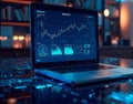Photorealistic shot of an open laptop displaying real-time blockchain analytics, with data stream reflections on a polished desk