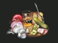 Photorealistic still-life on a black background.